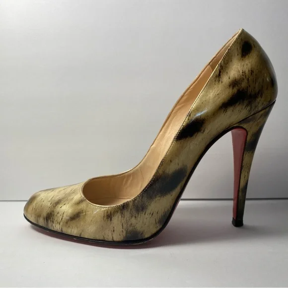 Christian Louboutin leopard print patent leather pumps heels gold black 36.5